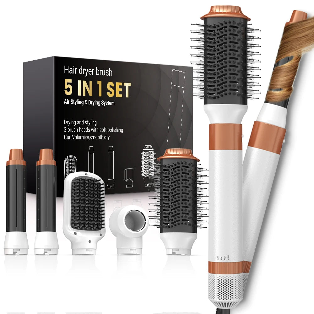 Detachable 5-in-1 Hair Dryer Brush | Fast Drying, Auto Curling & Smoothing – Complete Home Salon Styling Kit