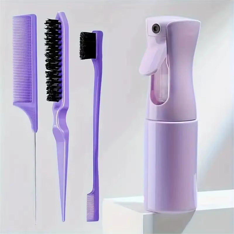 Professional Hairdressing Tool Set - 4 Piece Collection Including Spray Bottle, Rat Tail Comb, Teasing Brush, and Edge Control Comb for Hair Smoothing and Styling