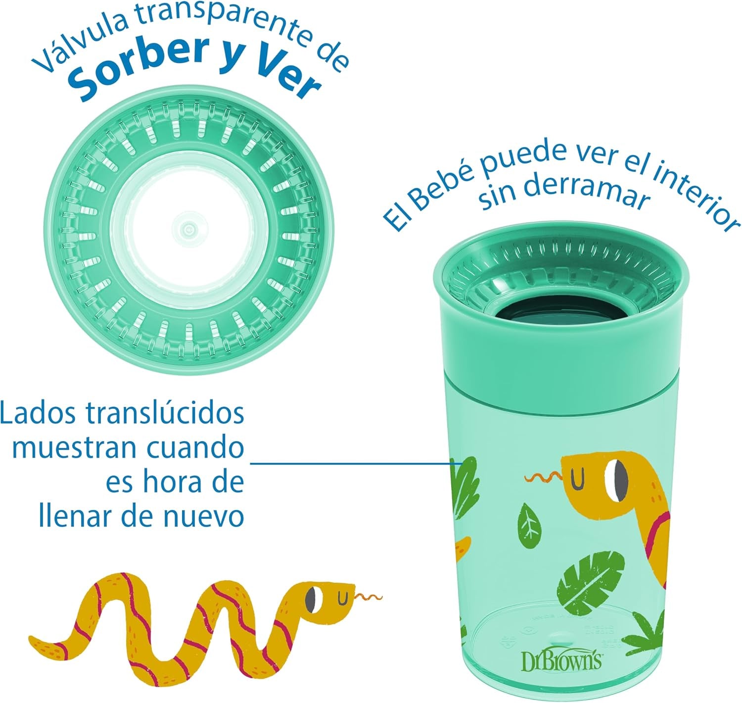 Milestones Cheers 360 Cup Spoutless Transition Cup, Travel Friendly & Leak-Free Sippy Cup, Green, Snake, 10Oz/300Ml