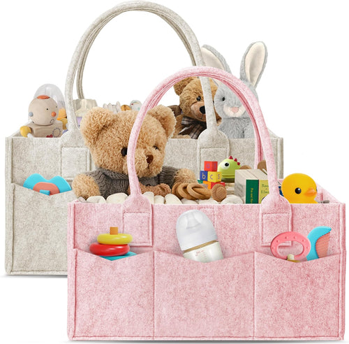 2-Pack Diaper Caddy Organizer - Nursery Storage Bin & Car Organizer for Diapers, Wipes, and Baby Essentials - Dual-Color Solid Set (Pink/Oatmeal), Regular Size