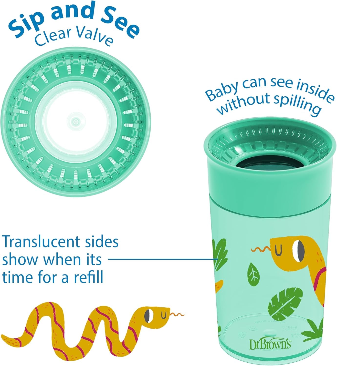 Milestones Cheers 360 Cup Spoutless Transition Cup, Travel Friendly & Leak-Free Sippy Cup, Green, Snake, 10Oz/300Ml