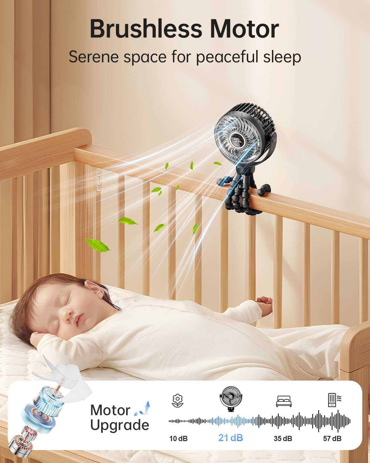 Mini Portable Pram Fan, Rechargeable Clip on Fan for Stroller, Digital Display & Night Light, 4 Speeds, 360° Rotate Flexible Tripod Cooling for Buggy, Pushchair, Car Seat, Travel (Black)