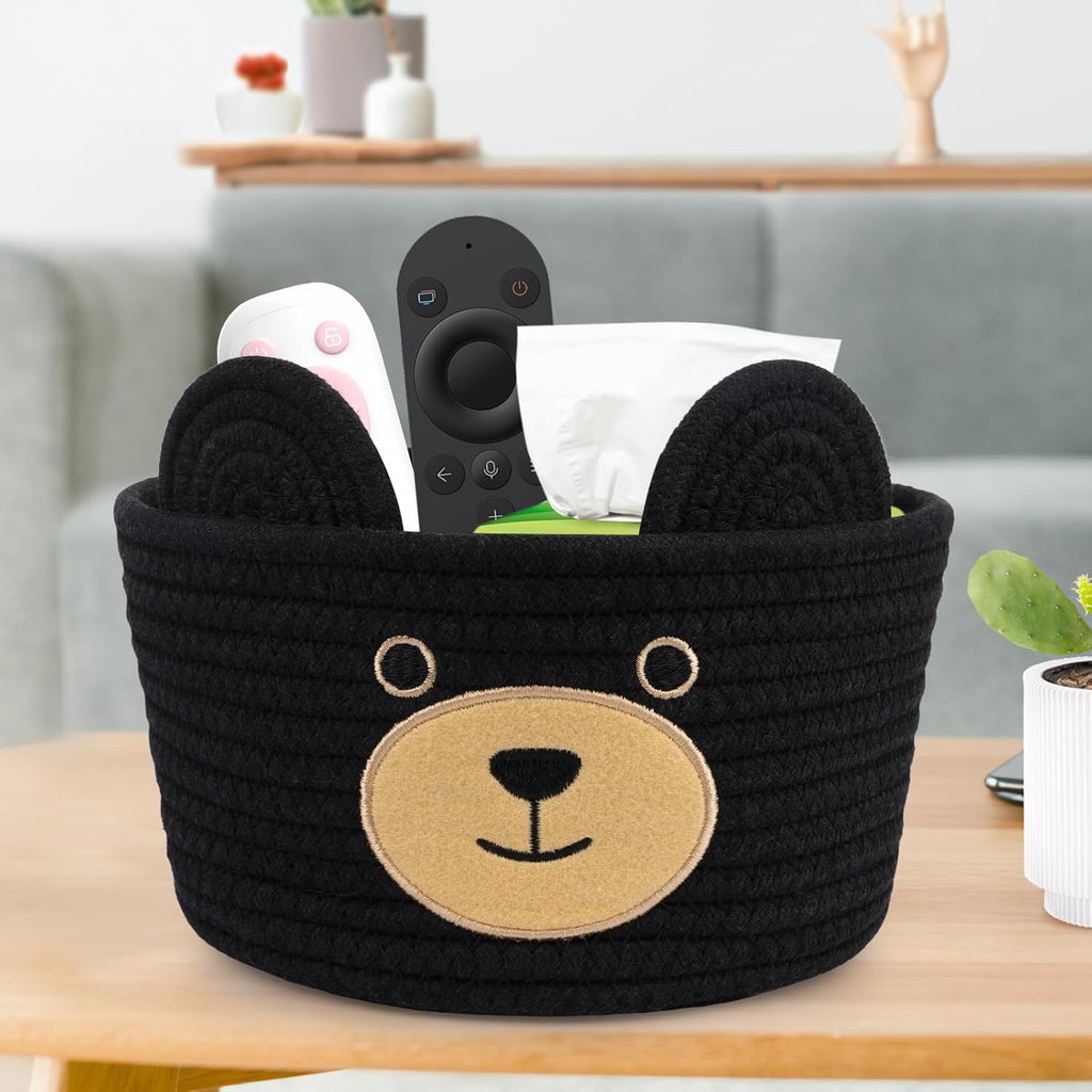 Cute Black Bear Basket for Nursery- Small Animal Gift Basket,Soft Woven Rope Cotton Storage, Shower Baby Towel 0Rganizer with Bear Ears, Candy Blanket Towel Decor Storage Bin, 8.2"D X 4.7"H IN