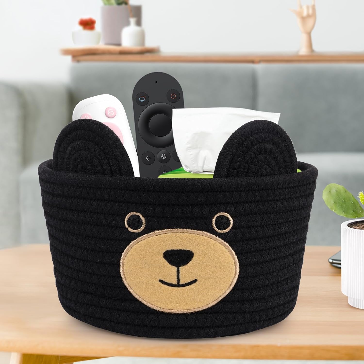 Cute Black Bear Basket for Nursery- Small Animal Gift Basket,Soft Woven Rope Cotton Storage, Shower Baby Towel 0Rganizer with Bear Ears, Candy Blanket Towel Decor Storage Bin, 8.2"D X 4.7"H IN