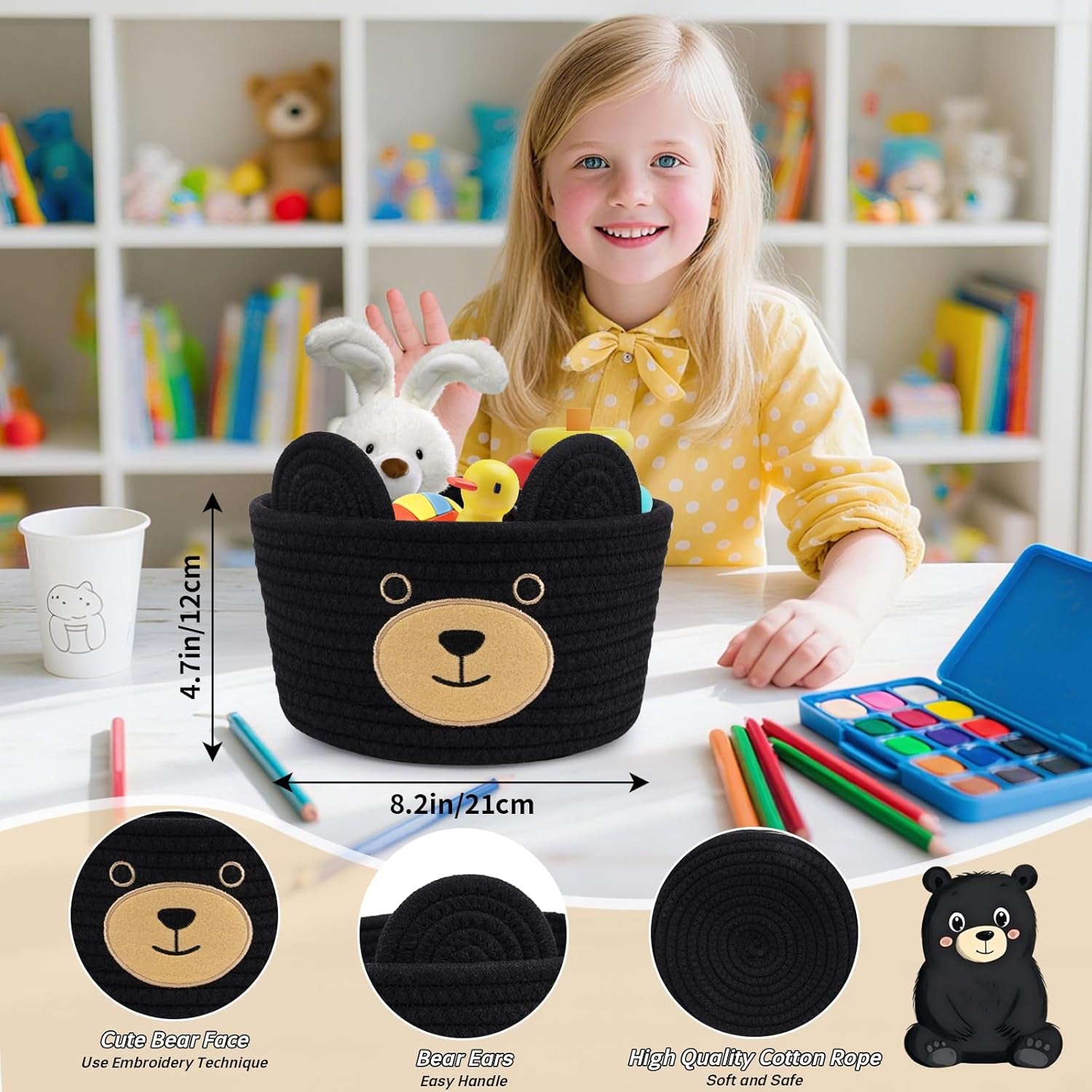 Cute Black Bear Basket for Nursery- Small Animal Gift Basket,Soft Woven Rope Cotton Storage, Shower Baby Towel 0Rganizer with Bear Ears, Candy Blanket Towel Decor Storage Bin, 8.2"D X 4.7"H IN