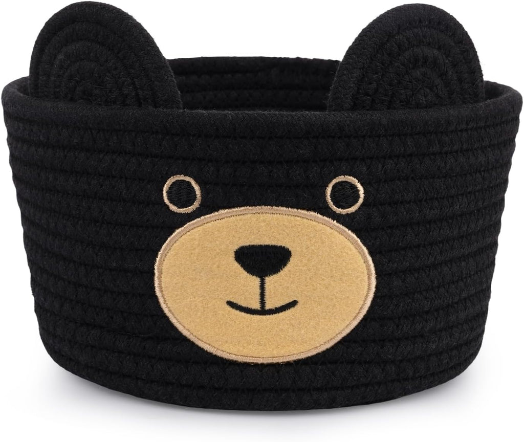 Cute Black Bear Basket for Nursery- Small Animal Gift Basket,Soft Woven Rope Cotton Storage, Shower Baby Towel 0Rganizer with Bear Ears, Candy Blanket Towel Decor Storage Bin, 8.2"D X 4.7"H IN