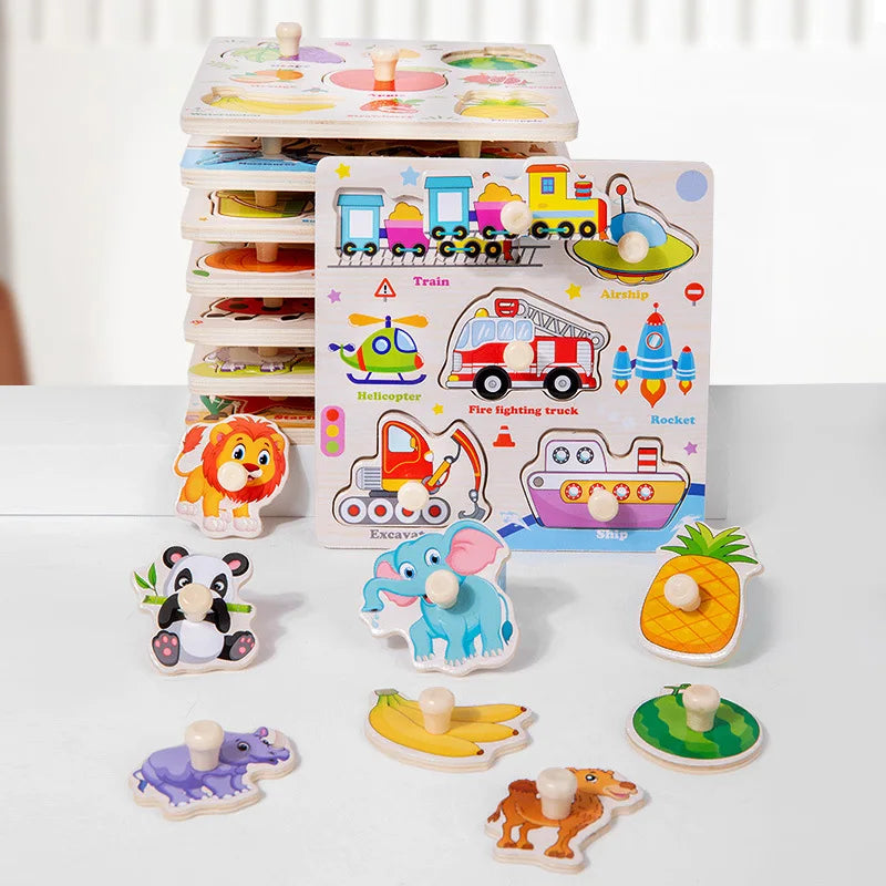 Baby Wooden Puzzles Montessori Toys 1 2 3 Years Toddler Toys Hand Grab Board Alphabet Number Cognition Learning Educational Toys