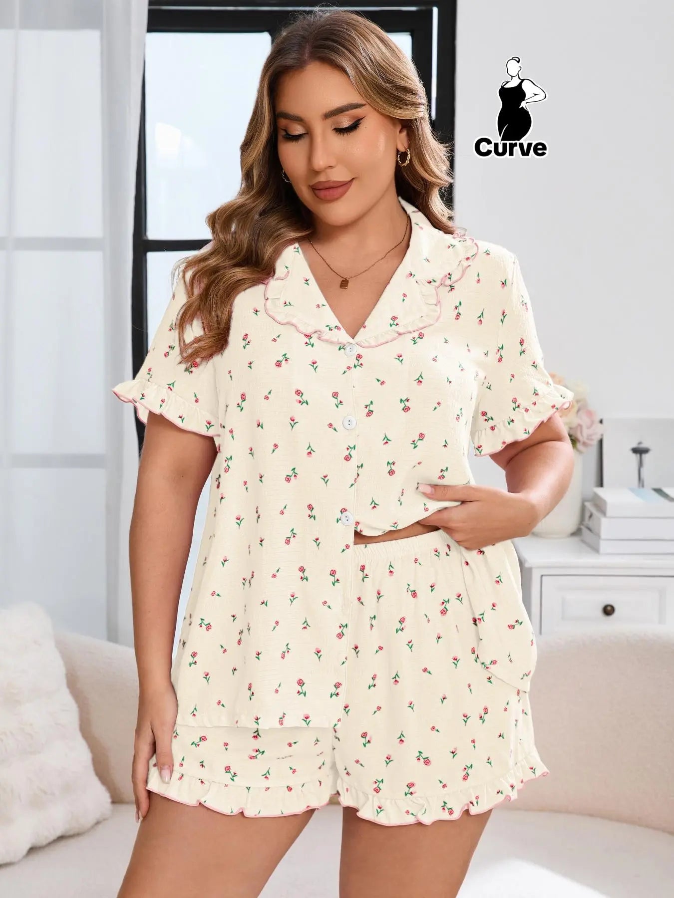 【Plus Size】All over Print Top & Shorts Pyjama Two-Piece Set, Pajama Set, Casual Comfy Short Sleeve Top & Shorts Set, Women'S Sleepwear for All Seasons