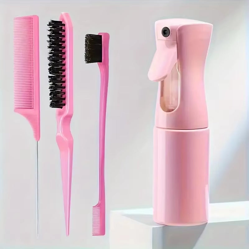 Professional Hairdressing Tool Set - 4 Piece Collection Including Spray Bottle, Rat Tail Comb, Teasing Brush, and Edge Control Comb for Hair Smoothing and Styling