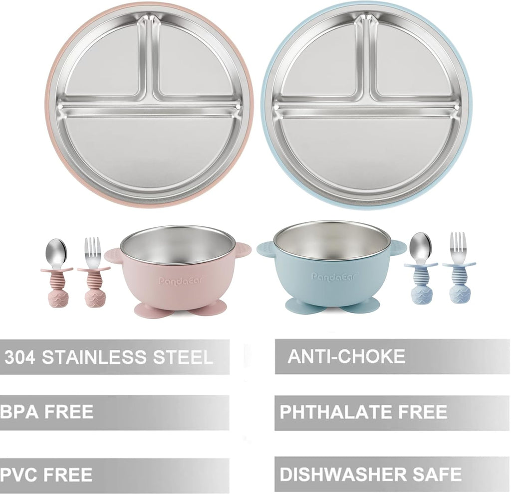 8 Pack Stainless Steel Baby Feeding Set, 2 Baby Suction Plates & 2 Toddler Bowls & 2 Spoons and Forks Set, Toddler Utensils, Divided Plates for Led Weaning Supplies, Bpa-Free, Pink & Blue