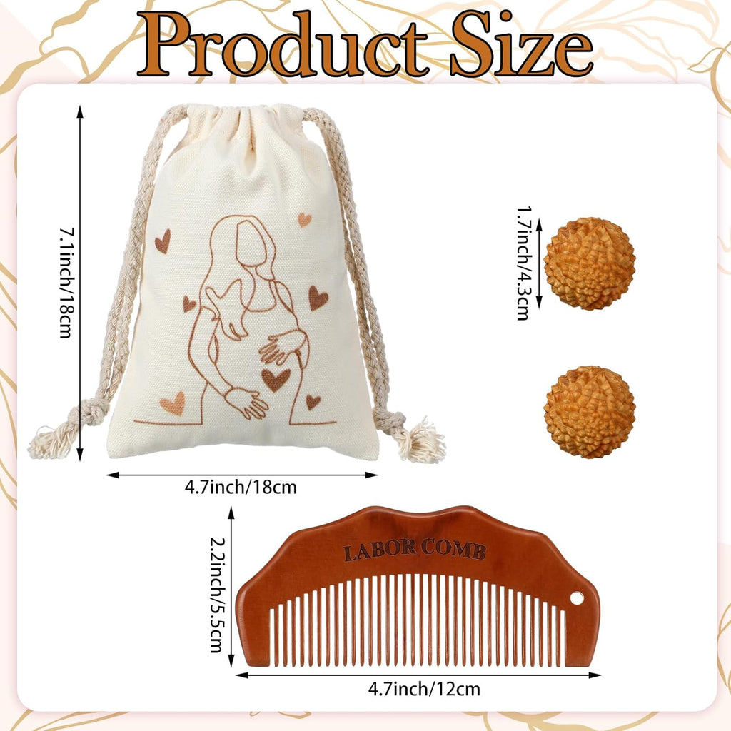 4 Pcs Birthing Comb Gifts Set Includes Wooden Labor Comb Acupressure Massage Ball Canvas Bag for Pregnant Women Labor Pain Relief Essentials New Mom Positive Encouragement Gifts