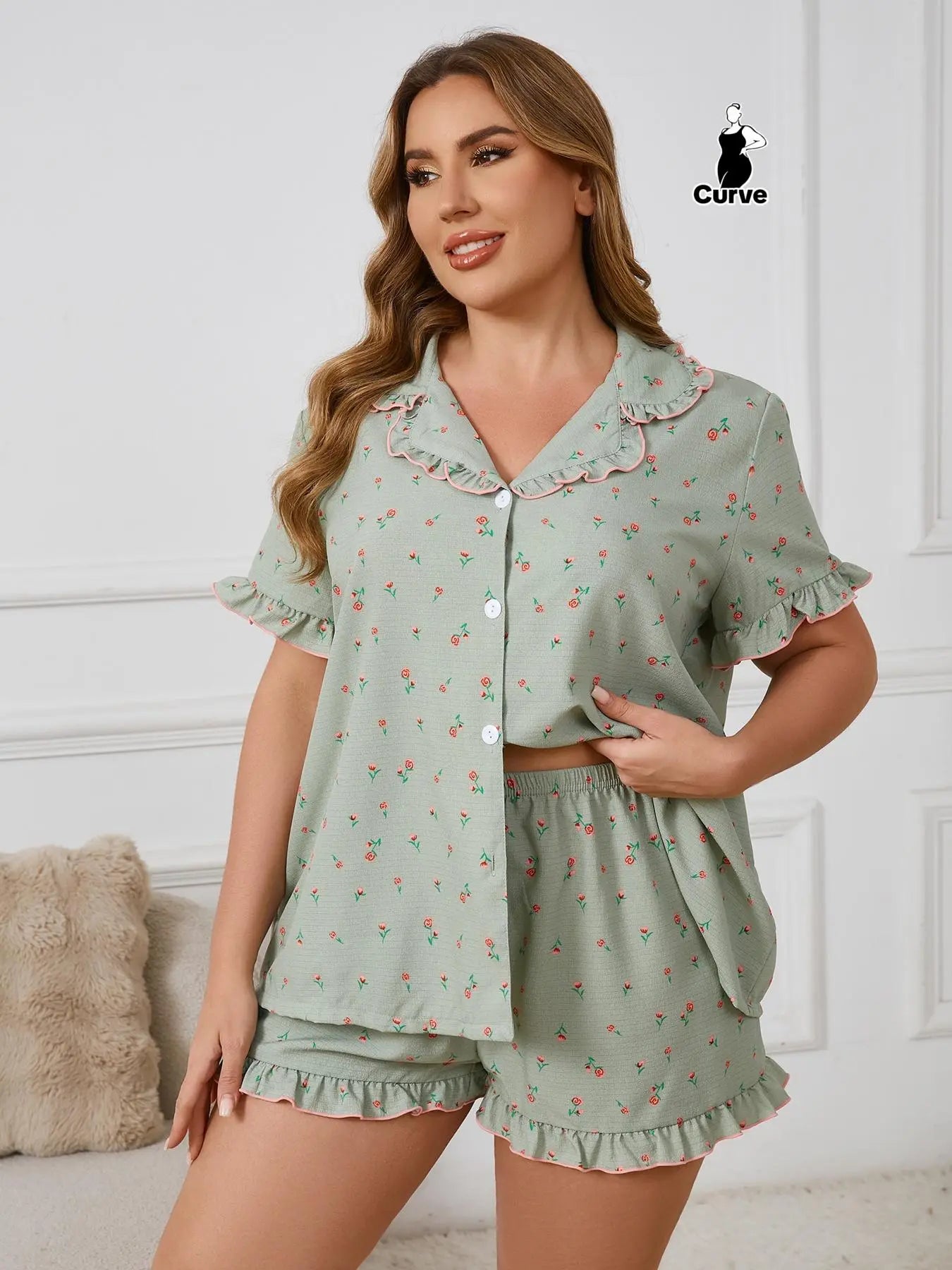 【Plus Size】All over Print Top & Shorts Pyjama Two-Piece Set, Pajama Set, Casual Comfy Short Sleeve Top & Shorts Set, Women'S Sleepwear for All Seasons