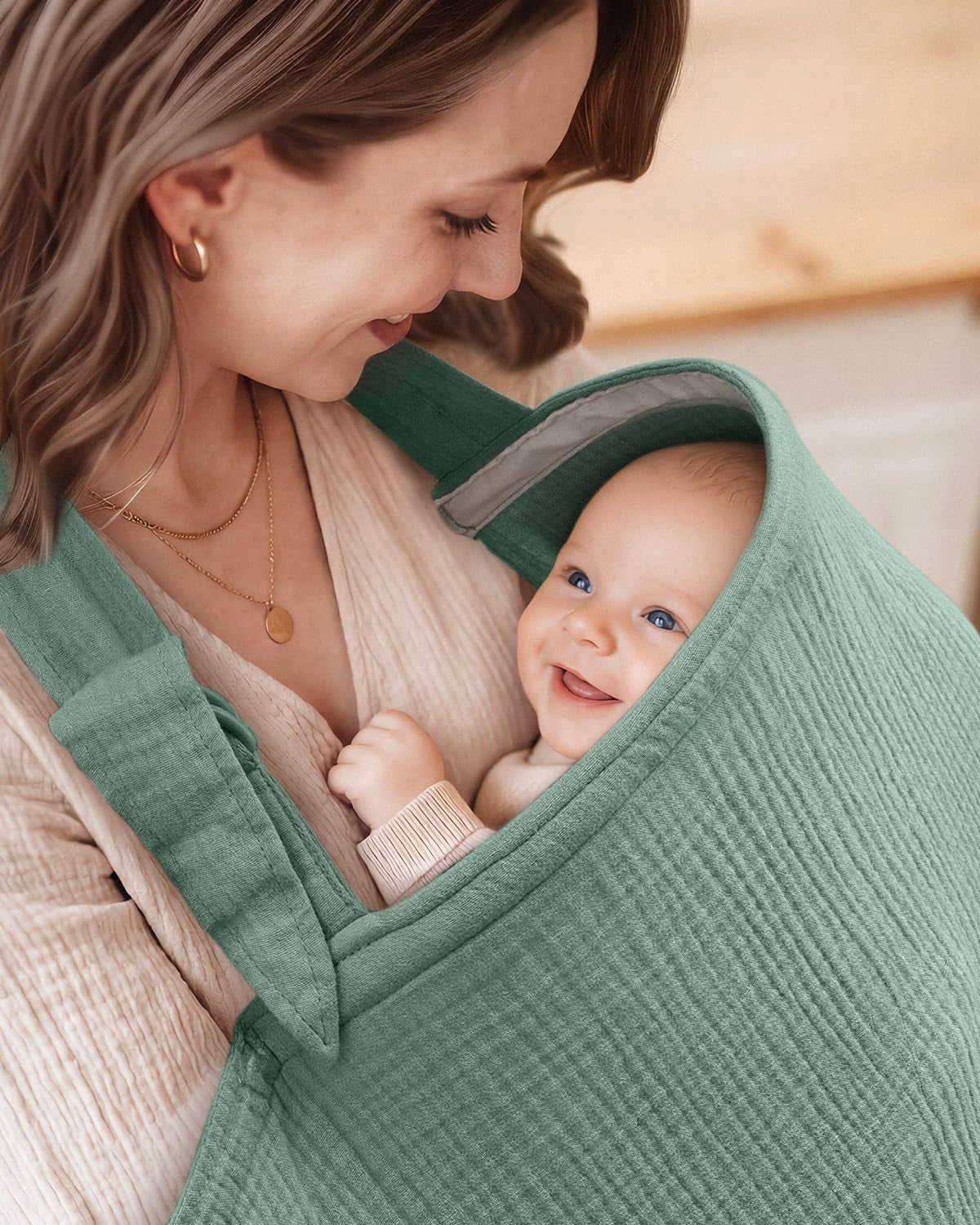 Muslin Nursing Cover for Breastfeeding, Breathable Breastfeeding Cover up with Arch Neckline for Women, Nursing Apron (Roman Green)