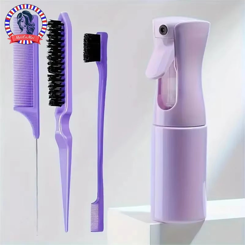 Professional Hairdressing Tool Set - 4 Piece Collection Including Spray Bottle, Rat Tail Comb, Teasing Brush, and Edge Control Comb for Hair Smoothing and Styling