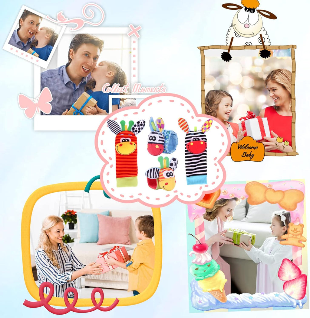 Cute Animal Wrist Rattles & Foot Finder Socks for Babis Soft Baby Arm Hand Bracelet Wristband Rattle Feet Leg Ankle Socks Newborn Toys for Baby Girls Boys 0-3 3-6 6-9 9-12 12-36 Months