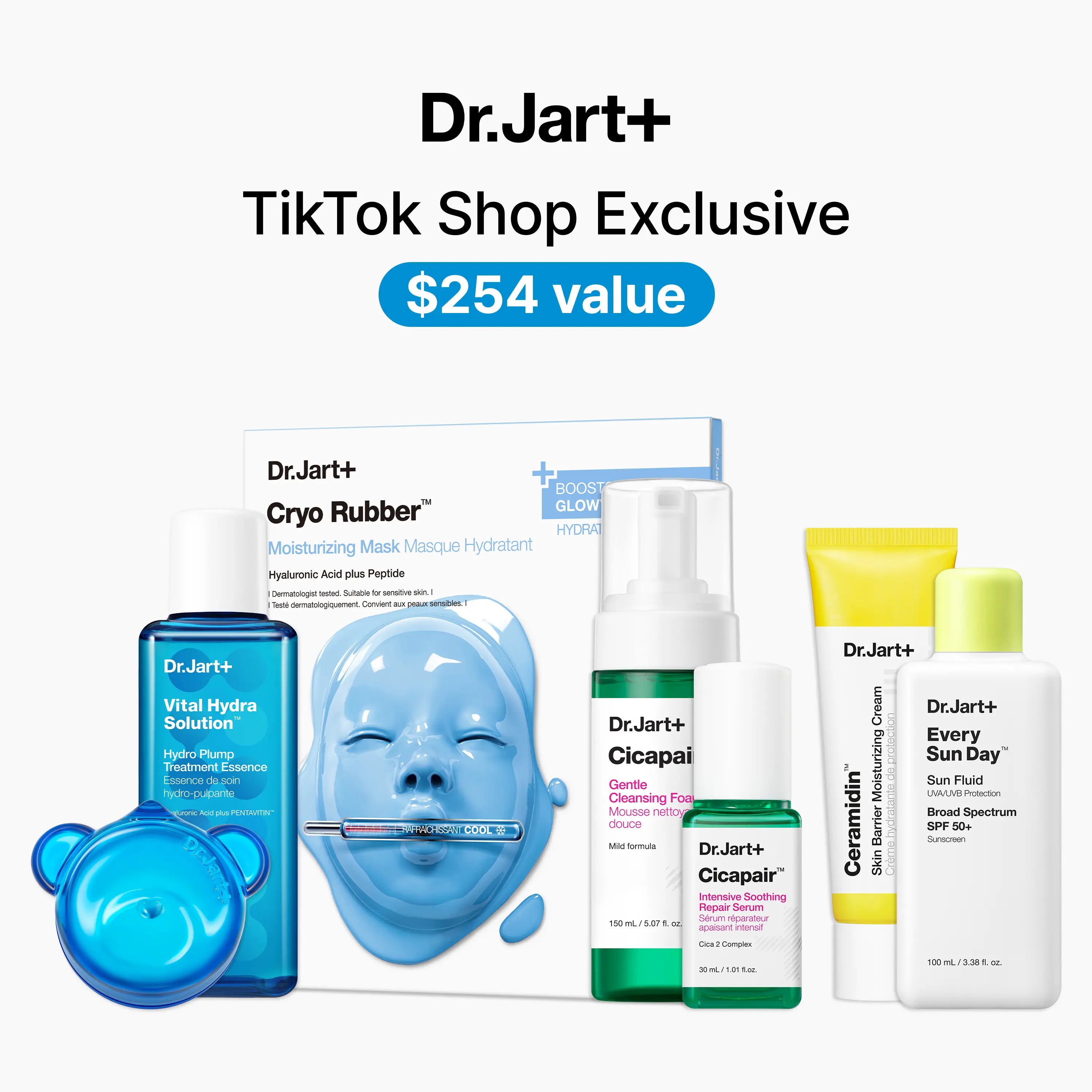 Dr.Jart+ | 7 Bestsellers Value Set | Instant Hydration, plus SPF and Barrier Repair Korean Skincare Set (Sensitive Skin Routine, Glass Skin, SPF 50+)