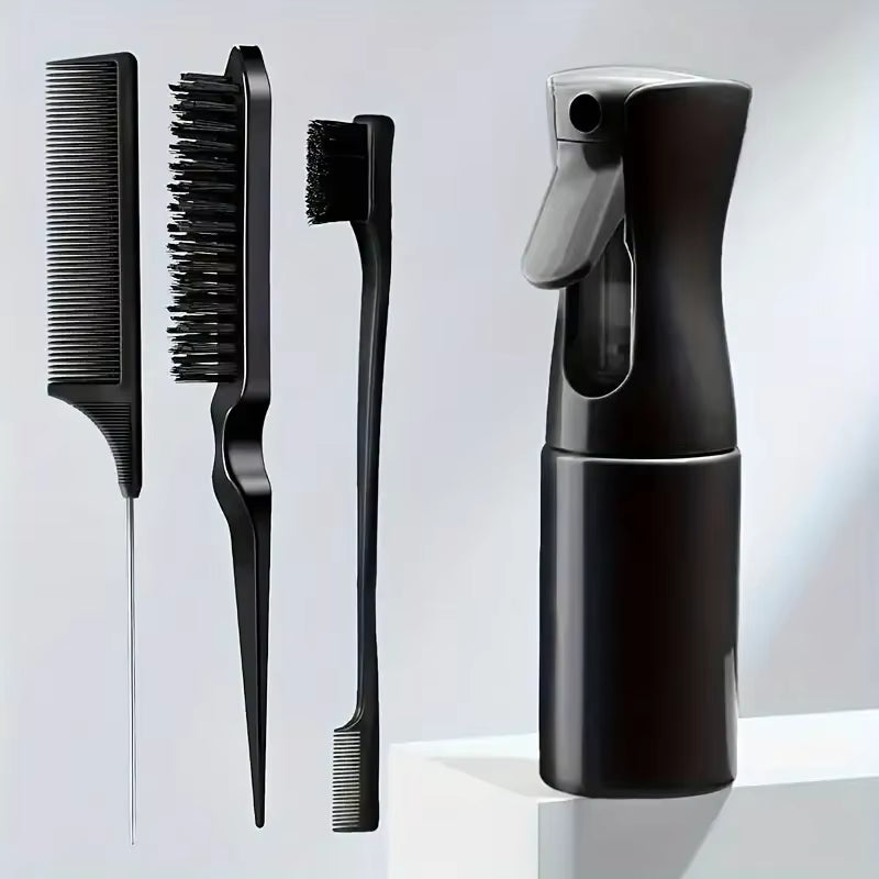 Professional Hairdressing Tool Set - 4 Piece Collection Including Spray Bottle, Rat Tail Comb, Teasing Brush, and Edge Control Comb for Hair Smoothing and Styling