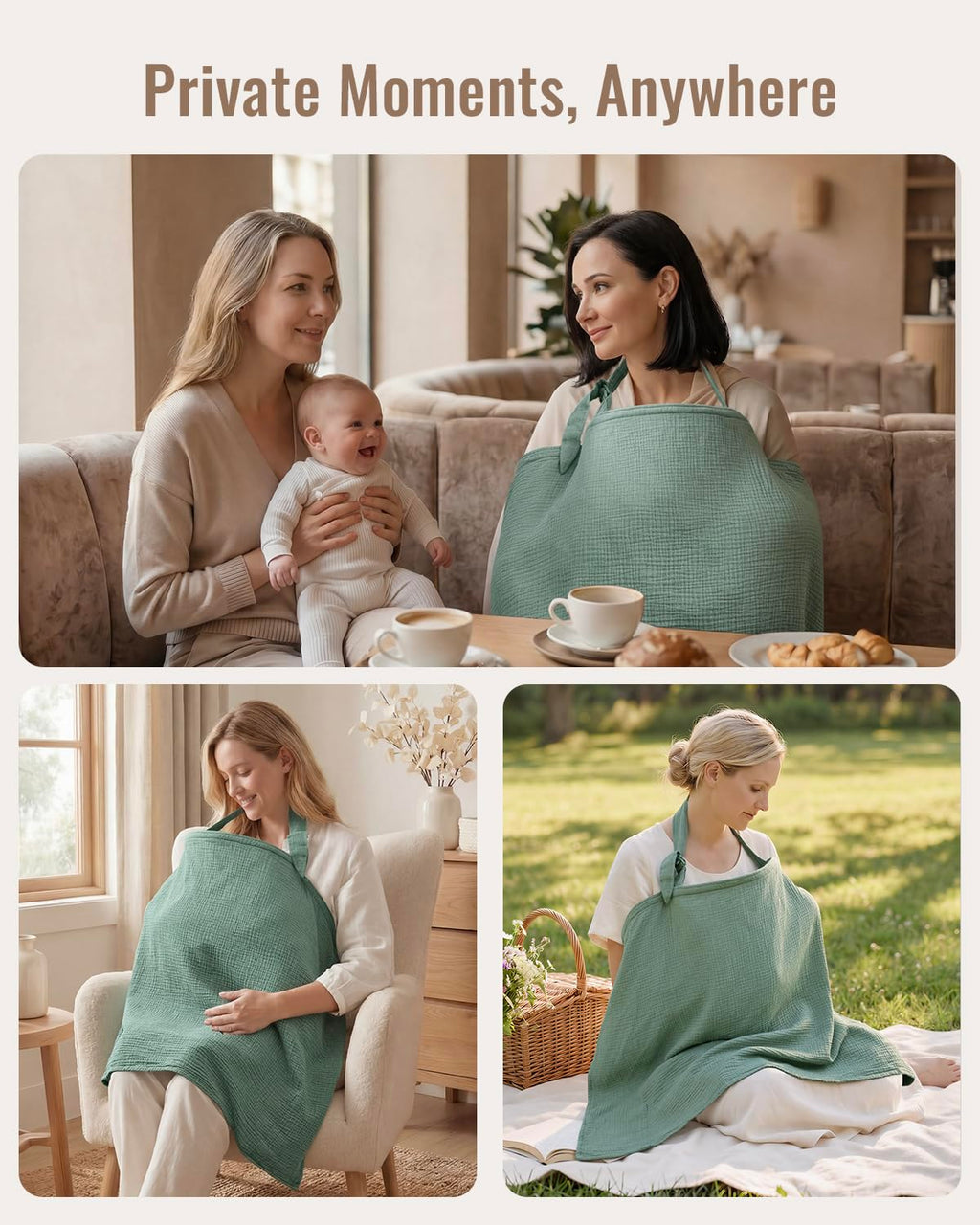 Muslin Nursing Cover for Breastfeeding, Breathable Breastfeeding Cover up with Arch Neckline for Women, Nursing Apron (Roman Green)