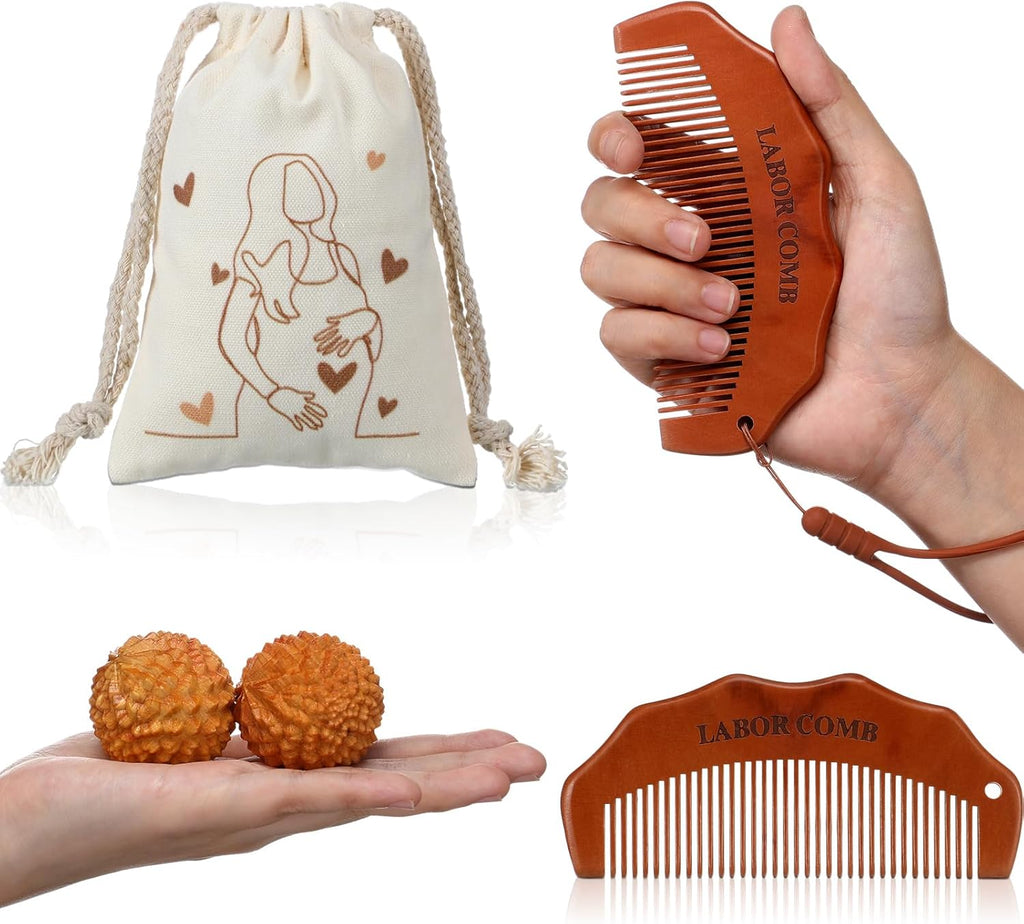 4 Pcs Birthing Comb Gifts Set Includes Wooden Labor Comb Acupressure Massage Ball Canvas Bag for Pregnant Women Labor Pain Relief Essentials New Mom Positive Encouragement Gifts