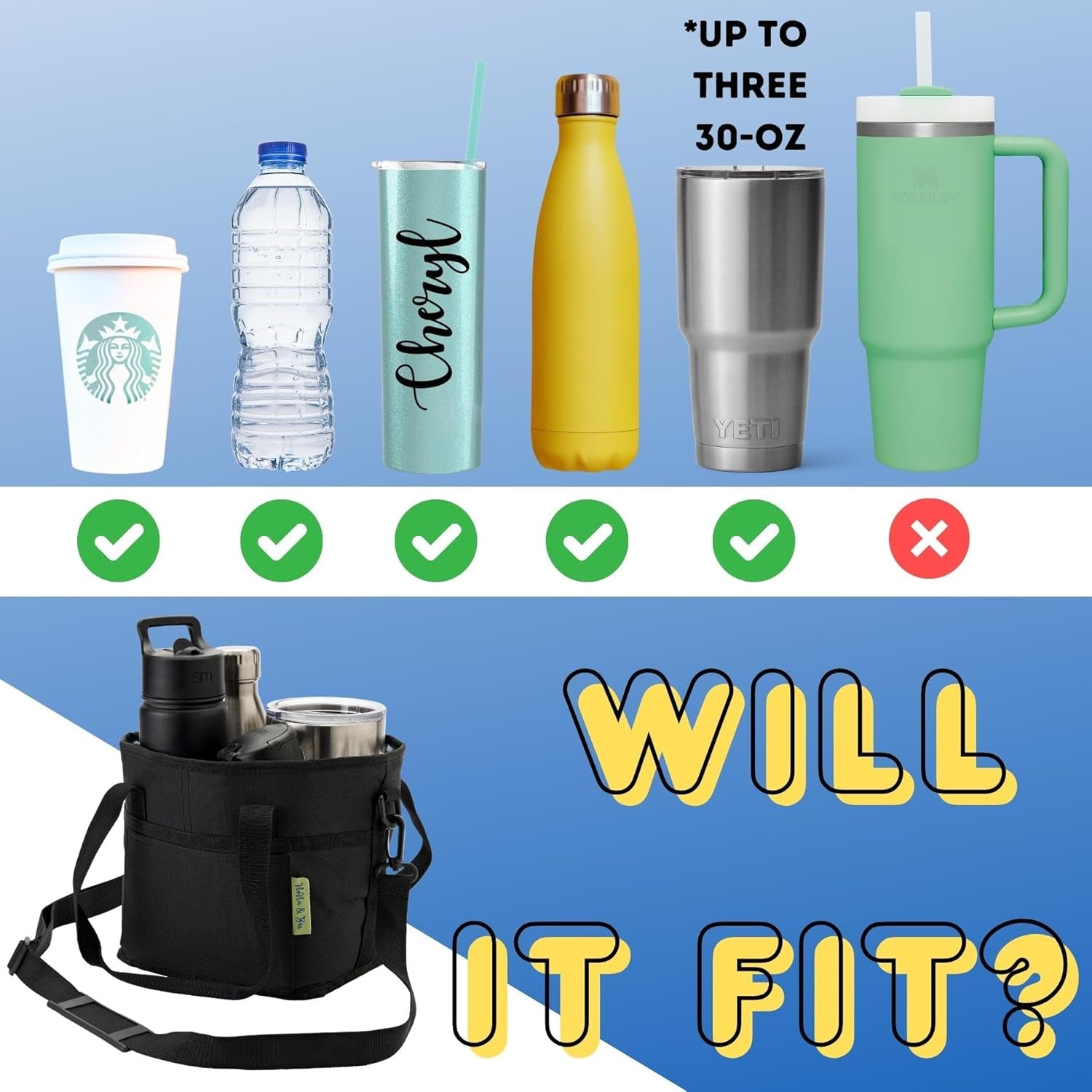 4 Water Bottle Holder with Strap | Family Size 4 Compartment Drink Bag, Multiple Tumbler Carrier Caddy | Adjustable Fits Large & Small Drinks | Hands Free, Won'T Tip over in Car