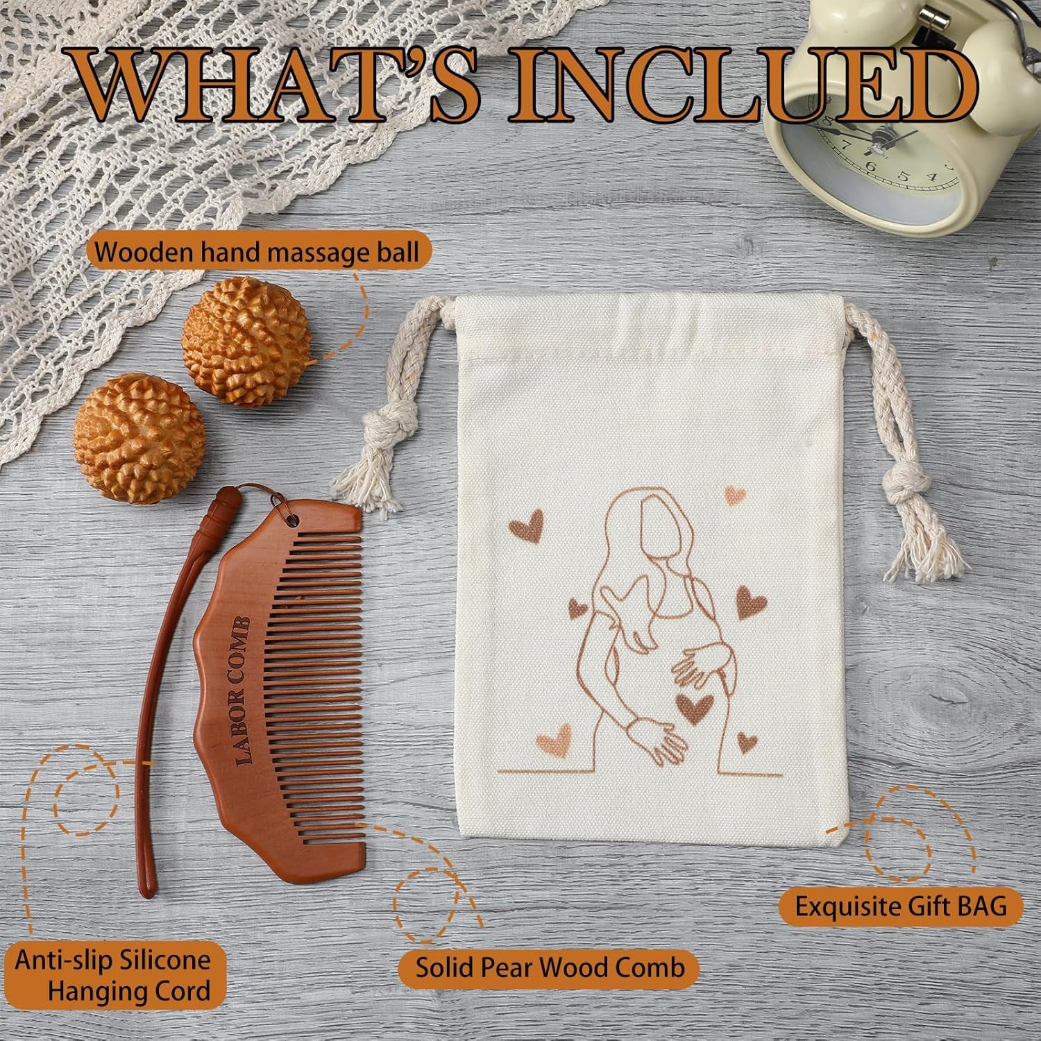 4 Pcs Birthing Comb Gifts Set Includes Wooden Labor Comb Acupressure Massage Ball Canvas Bag for Pregnant Women Labor Pain Relief Essentials New Mom Positive Encouragement Gifts