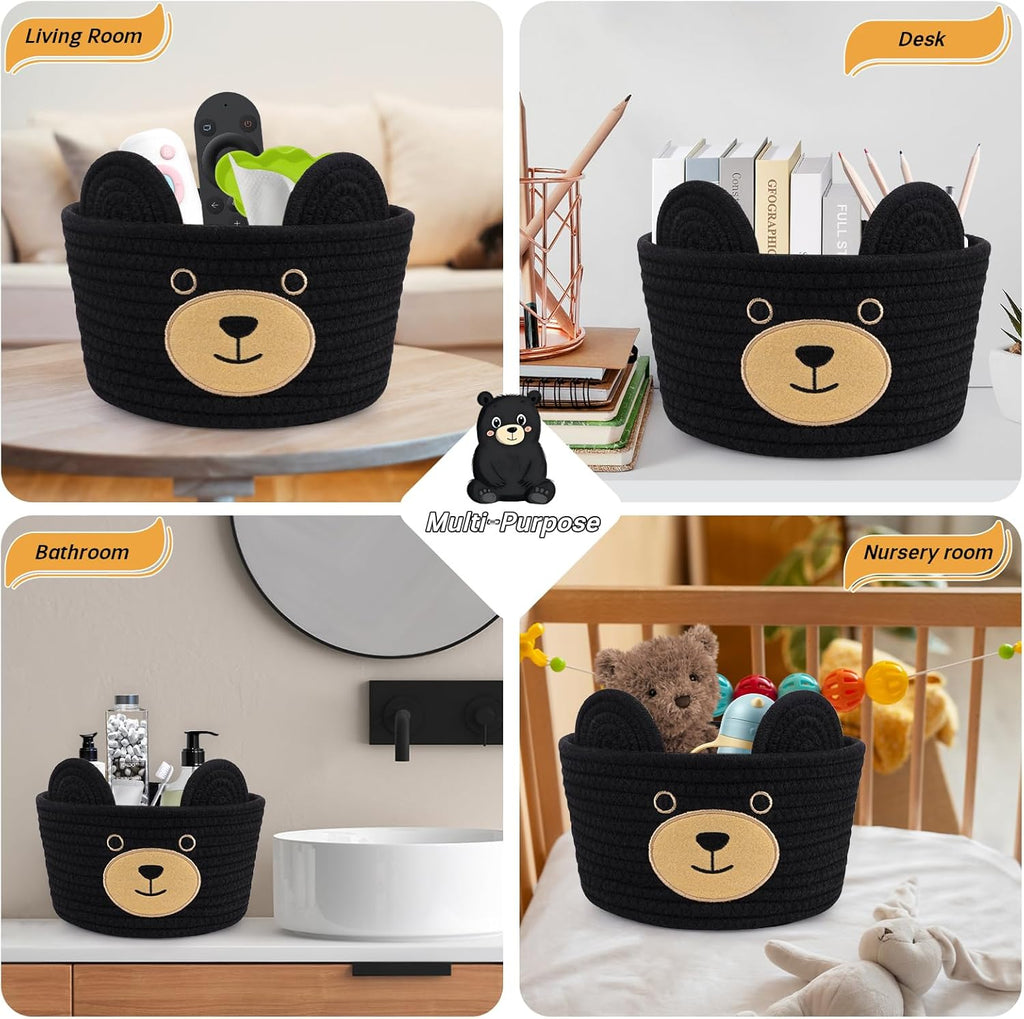 Cute Black Bear Basket for Nursery- Small Animal Gift Basket,Soft Woven Rope Cotton Storage, Shower Baby Towel 0Rganizer with Bear Ears, Candy Blanket Towel Decor Storage Bin, 8.2"D X 4.7"H IN