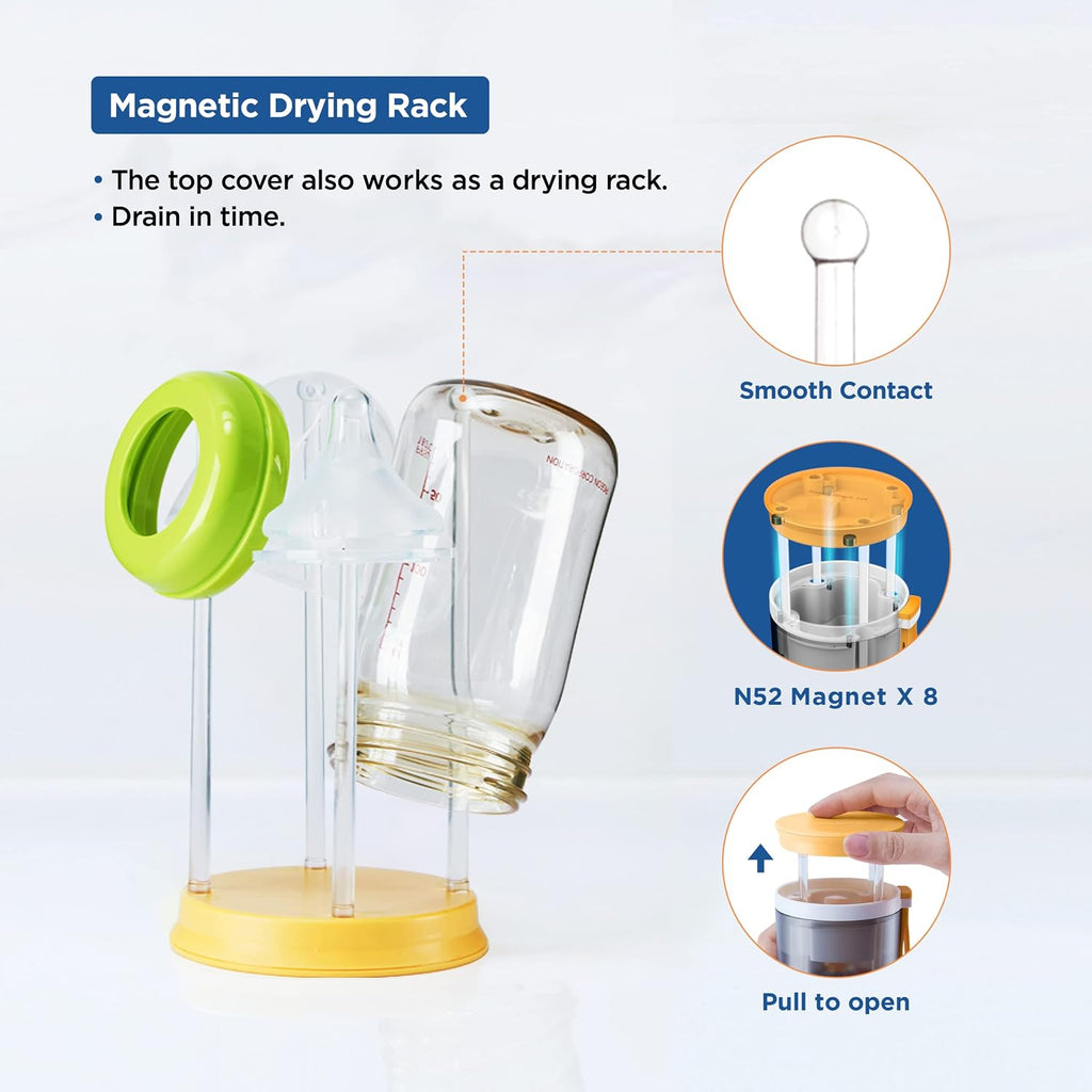 Travel Baby Bottle Brush Set with Portable Silicone Bottle Brush, Nipple Cleaner Brush, Straw Brush, Soap Dispenser and Bottle Drying Rack, Yellow