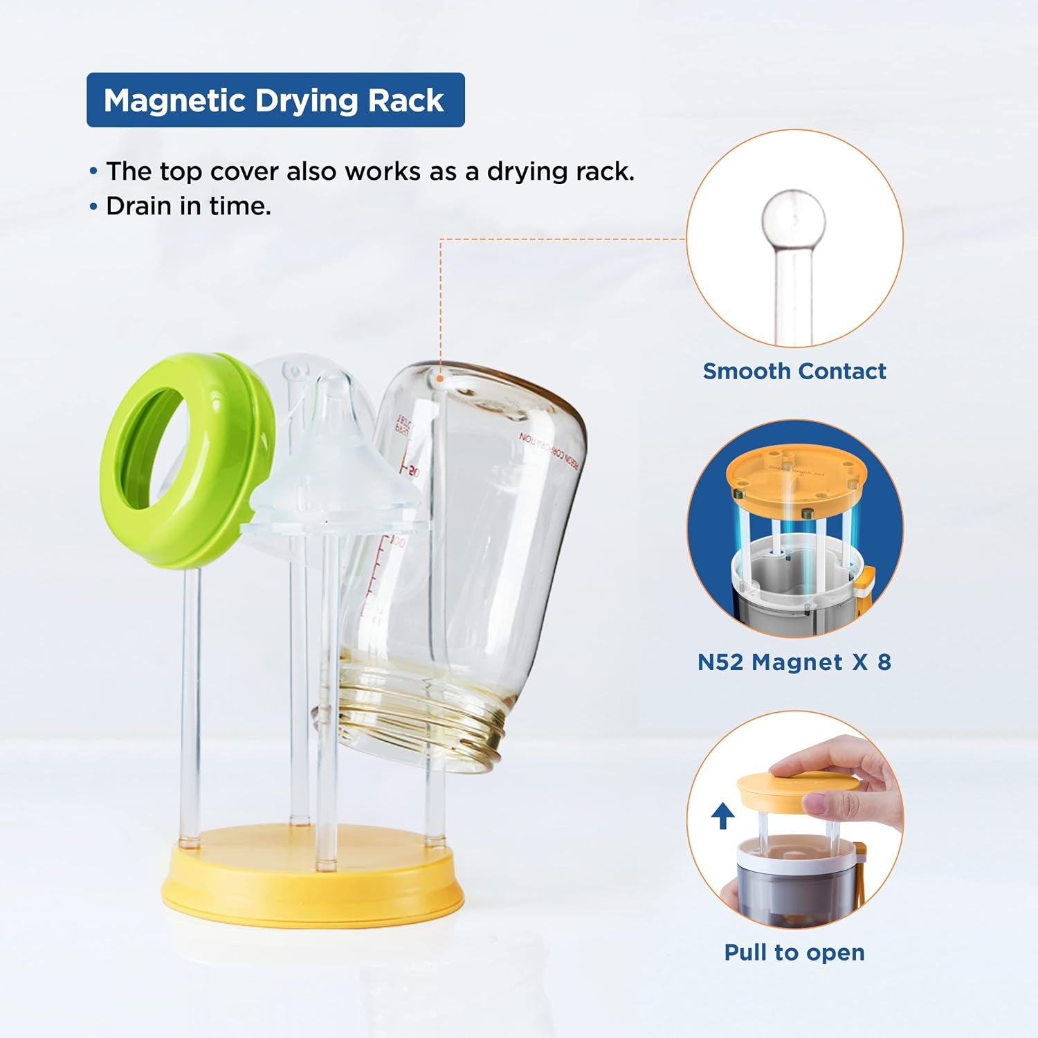 Travel Baby Bottle Brush Set with Portable Silicone Bottle Brush, Nipple Cleaner Brush, Straw Brush, Soap Dispenser and Bottle Drying Rack, Yellow