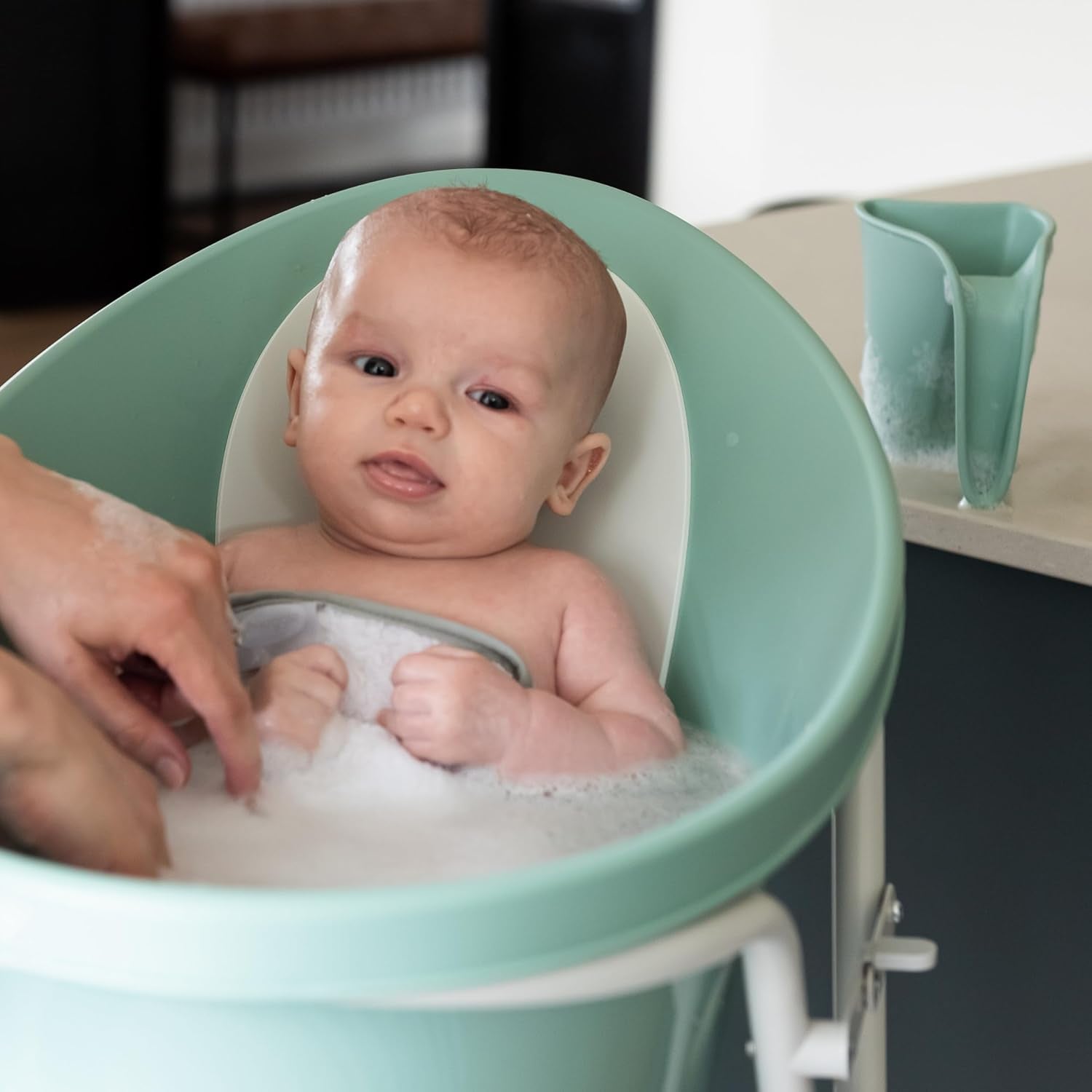 Bath Rinse Jug | Soft Rim Baby & Toddler Shampoo Rinser | Bath Hair Rinsing Cup | Hair Wash Jug with Handle | Essential Bath Accessories | Eucalyptus