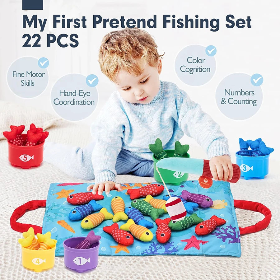 Toddler Toys Montessori Toys for Baby 10 in 1 Cloth Fishing Game Toys with Stacking Cups Number Counting Color Sorting Learning